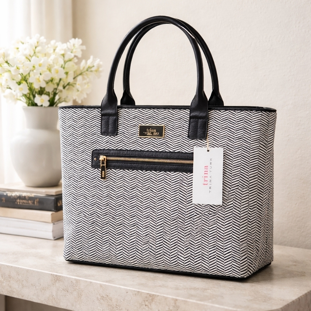 Trina Turk Black and White Chevron Tote with Black Handles